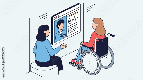 Woman in wheelchair reviewing digital resume with career counselor in modern office setting illustration