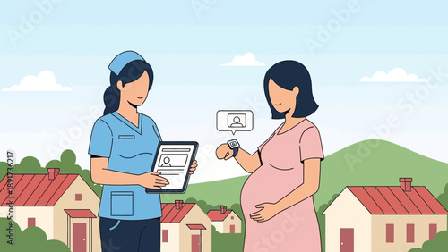 Healthcare professional consulting with pregnant woman in a serene village setting