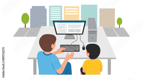 Two individuals collaborating on a computer project in a modern office environment with cityscape background viewed from behind