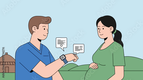 A male doctor is consulting with a pregnant woman outdoors in a serene landscape with a house in the background.