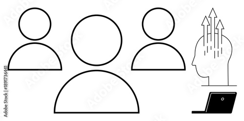 Teamwork concept. Teamwork illustrated with icons of human figures, growth ideas ed by arrows, and technology with a laptop. For business, collaboration, innovation, strategy, and productivity