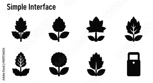 Collection of simple black silhouette plant icons on white background