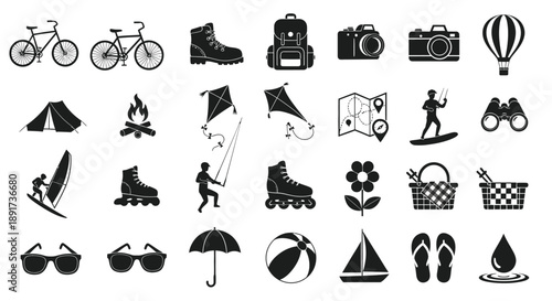Collection of various black icons representing outdoor activities and travel