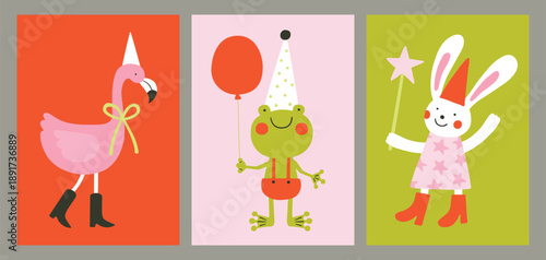 Happy Birthday square greeting cards. Illustration set for kids, cute naive modern animal drawings, character, giraffe, dog, crocodile, duck. Simple minimal banner, baby shower, celebration. Poster.