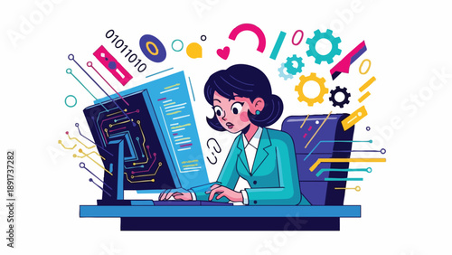 Focused female developer executing complex programming and systems integration for rapid digital transformation strategy.