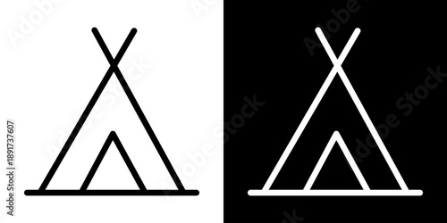 Minimalist vector icon of teepee tent. Flat linear design in black and white, symbol of camping, travel, outdoor adventure and nature.