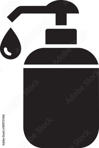 Sanitary product black icon silhouette featuring a pump bottle dispenser with a hanging drop of liquid soap or gel sanitizer