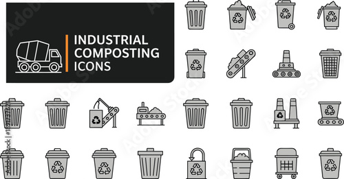 Industrial Composting Line Icons Set for Waste Management Recycling Bins Factory Processing Sustainability Vector Illustration Collection
