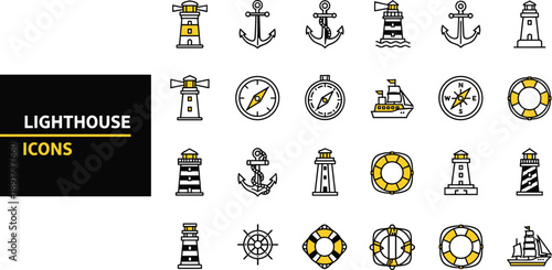 Lighthouse Maritime Line Icons Set with Anchor Compass Lifebuoy Ship for Sea Navigation Vector Illustration Collection