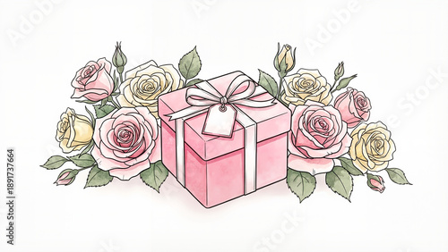 Pink gift box with pastel roses hand-drawn illustration, charming and delicate