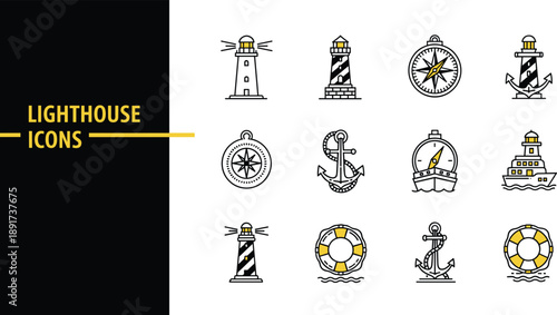 Lighthouse Maritime Line Icons Collection with Anchor Compass Lifebuoy Ship for Sea Navigation Vector Illustration