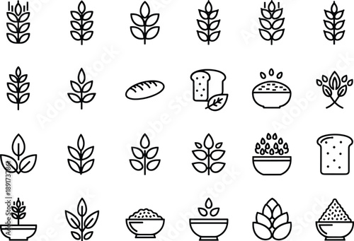 Wheat Grain Bread and Food Line Icons Set for Agriculture Farming Bakery Organic Vector Illustration