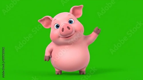 Cartoon Pink Pig Standing Waving on Green Screen Animation Cute Animation of Piglet with Big Blue Eyes Ears and Snout Against Solid Background