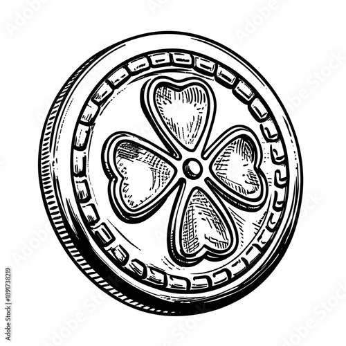 Vintage coin with four-leaf clover design and decorative border  