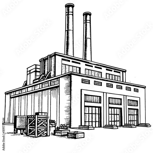 Industrial factory building with tall smokestacks and loading dock  