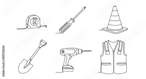 Construction tools and safety equipment in outline style  