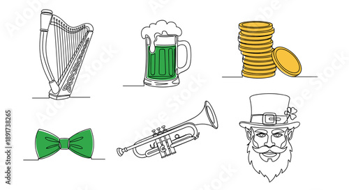 St. Patrick's Day icons with harp, beer, coins, trumpet, bow tie, and leprechaun  