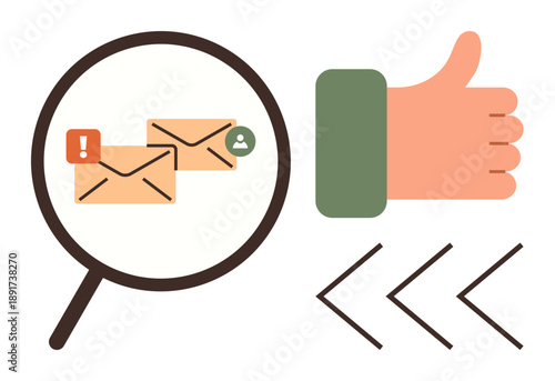 Email management, digital communication, message tracking, notifications, online feedback, information flow. Envelopes under magnifying glass, thumb up arrows. Email management and digital
