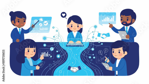Seamless Collaboration: Diverse Professionals Integrating Digital Data for Strategic Business Partnership Success
