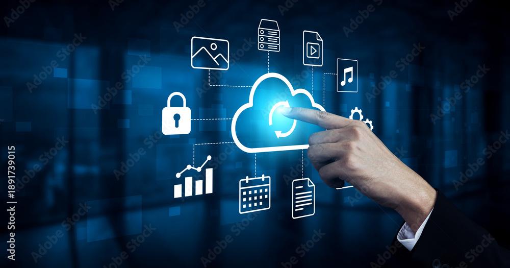 Obraz premium A user interacts with a futuristic cloud computing interface, showcasing data security icons, analytics charts, and multimedia options in a modern digital workspace. Gantry