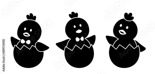 Easter baby chick flat silhouette collection.
silhouette of chick sitting inside an eggshell set.
Cute Easter chick black silhouette.
Transparent background. SVG.
