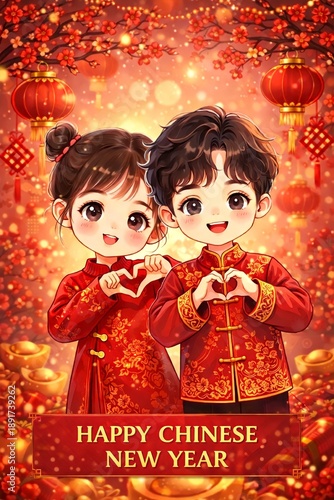 Adorable Cartoon Children Welcoming Lunar New Year