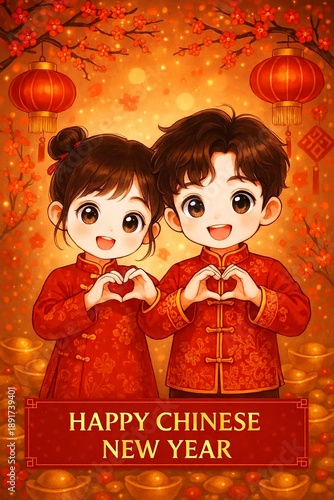 Cute Kids Celebrating Chinese New Year with Lanterns