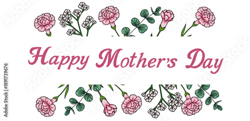 Happy Mother's Day vector banner with pink carnations and eucalyptus branches