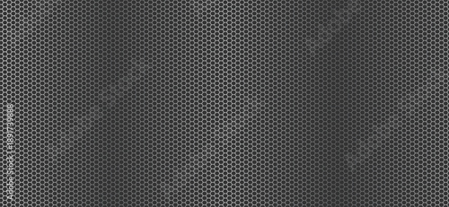 Grey hexagonal mesh texture background with metallic honeycomb pattern. Abstract industrial steel grate surface for tech wallpaper, automotive design, and modern corporate backdrop. Seamless metal net