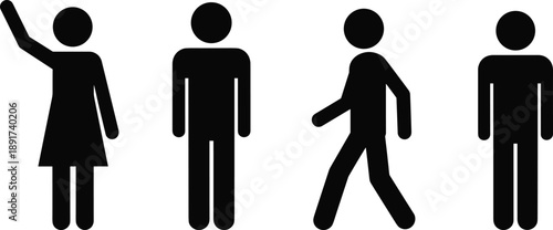 Simple black stick figure people icons showing male and female characters standing, walking, and waving, representing human presence and basic actions