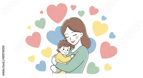 Mother holding baby surrounded colorful hearts love affection