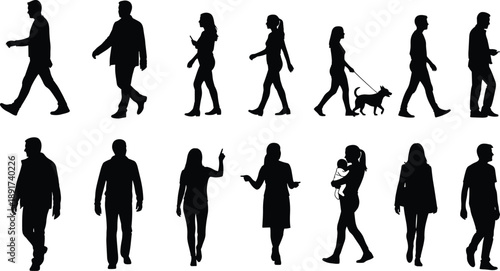 Silhouette People Walking Poses Adults Men Women Lifestyle Activity Movement Urban Isolated Minimal Vector Illustration