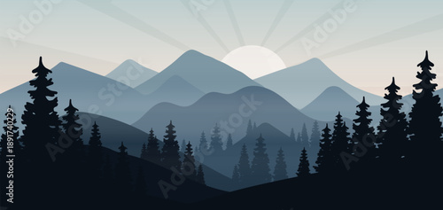 Natural landscape with mountain views and tree silhouettes at sunset. Beautiful panoramic scenery in warm tones. Horizontal banner vector illustration perfect for travel, nature, and outdoor designs
