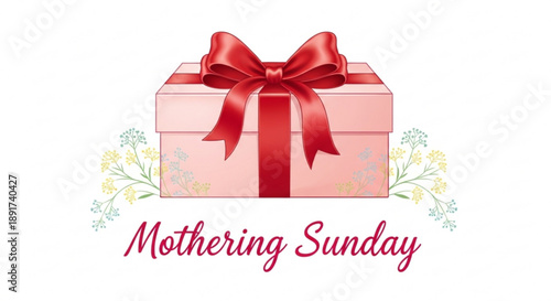 Pink gift box with red ribbon and bow for mothering sunday celebration