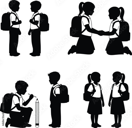 Students, Silhouette, Children, School, Education, Kids, Backpack, Learning, Friendship, Childhood, Study, Classroom, Standing, Kneeling, Interaction, People, Human, Youth, Academic, Concept