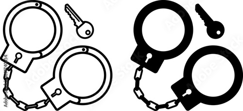 Handcuffs Icons. Black and White Vector Illustrations. Key. Device for Restraining a Detained Criminal. Police Concept