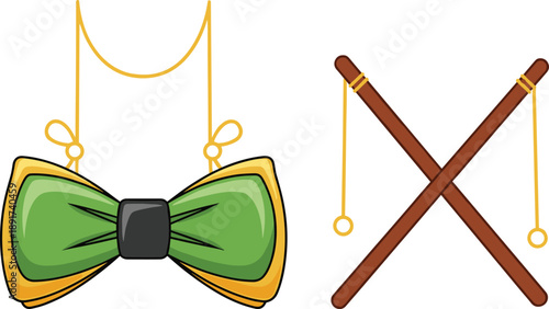 Traditional Muslim Clothing Accessories Illustration Featuring Green Bow Tie and Wooden Miswak Sticks Isolated on White Background