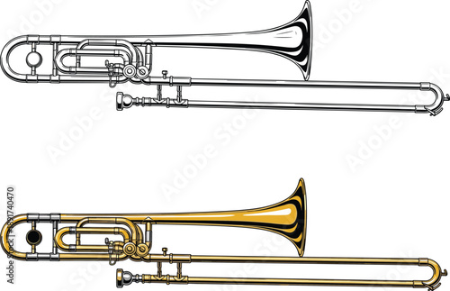 Trombone musical instrument illustration showing outline and colored versions, brass wind instrument for jazz, orchestra, and music education isolated