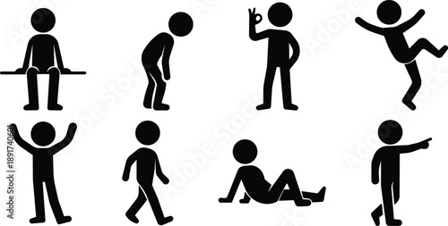 Stickman casual activity poses set, Human daily action silhouette icons, Simple people gesture collection