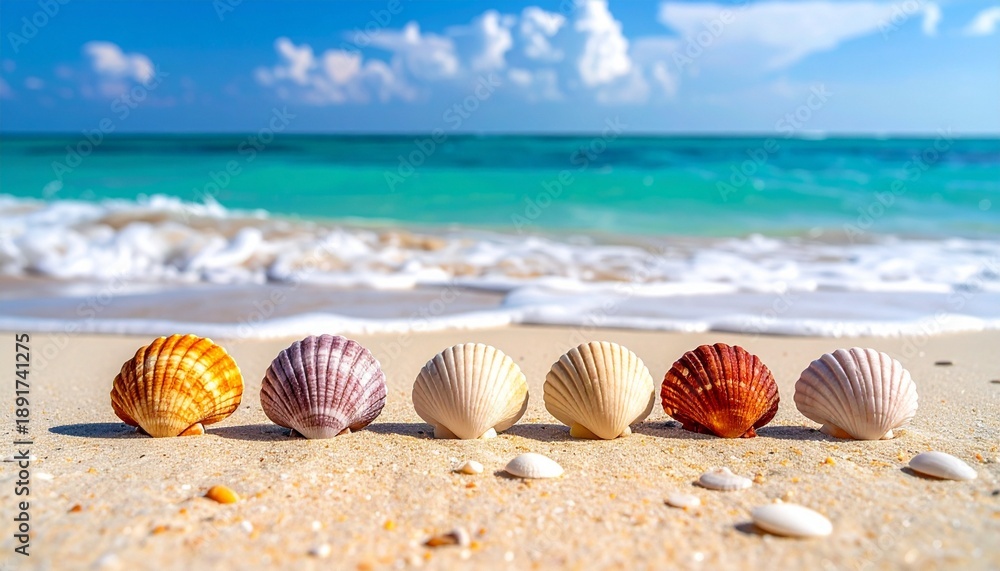 Obraz premium Six seashells of varying shapes and colors arranged in a row on sandy beach with turquoise ocean and blue sky.
