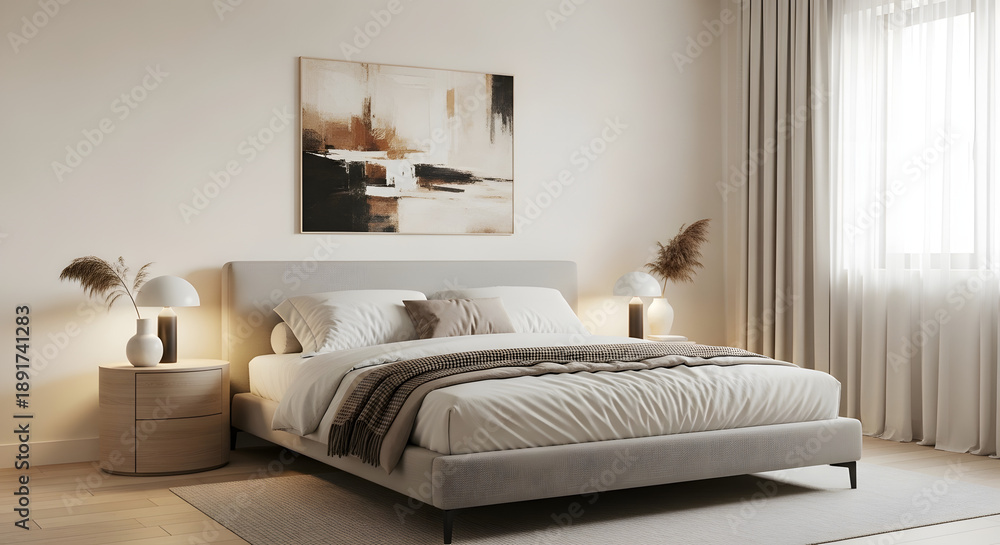Fototapeta premium A serene and modern bedroom with a comfortable bed and soft lighting