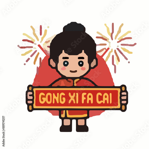 Cute cartoon boy greeting gong xi fa cai for lunar new year vector illustration