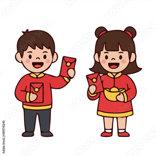 Cute cartoon illustration of a smiling boy and girl holding a gift together for lunar new year