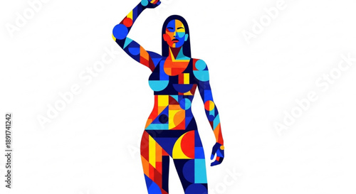 Woman with colorful geometric body paint standing confidently with arm raised