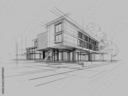 Detailed rendering of a contemporary building project in an urban environment, emphasizing realistic materials, precise geometry, and cinematic lighting under cloudy daylight conditions.