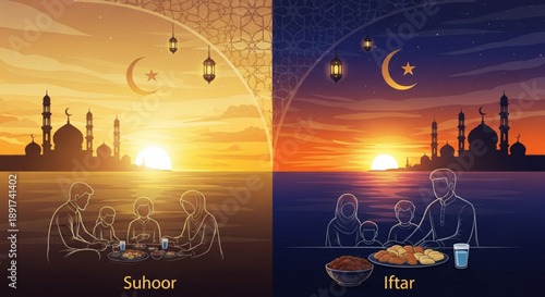 Ramadan suhoor and iftar meals at sunset with mosque silhouette