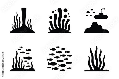 Underwater Elements and Submarine: Black Silhouette Icons