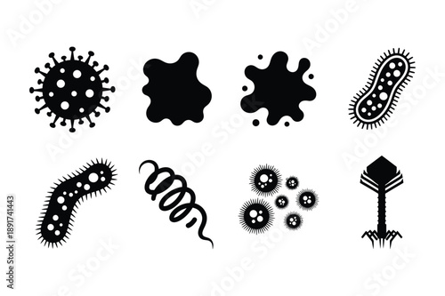 Virus, Bacteria and Microbe Shapes: Black Silhouette Icons