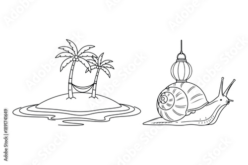 Tropical island with hammock and snail carrying lantern