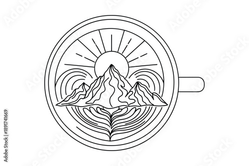 Mountain landscape inside coffee cup, surreal illustration